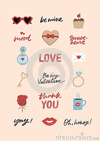 Valentine`s Day sticker pack. Vector Illustration